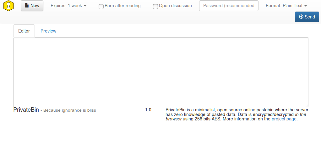 Screenshot of the minimalistic PrivateBin front-end.