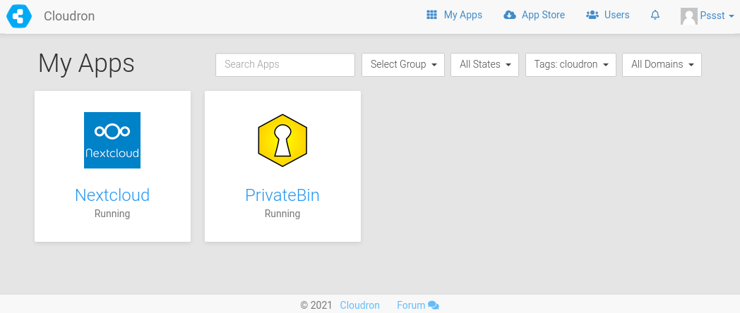 Cloudron dashboard with two apps