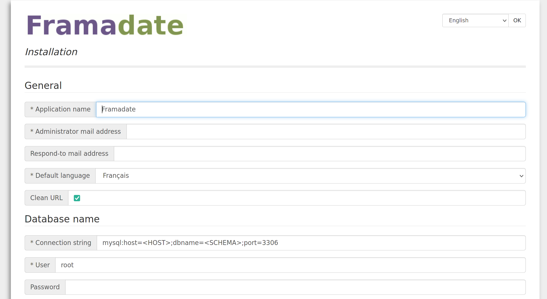 Screenshot of the Framadate installation process with many form fields to be filled in.