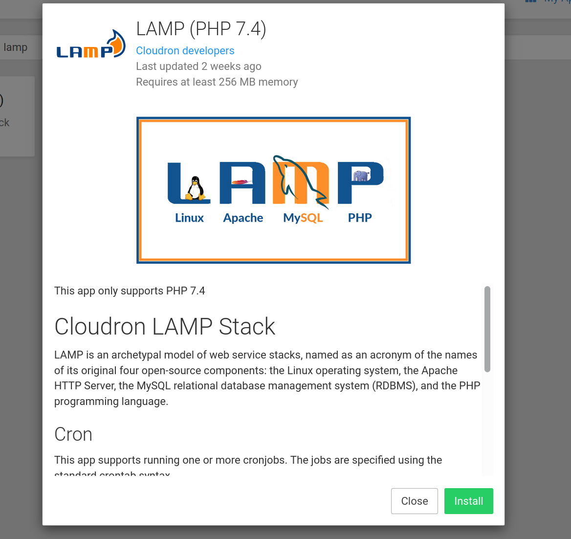 Screenshot of the LAMP app in the Cloudron app store