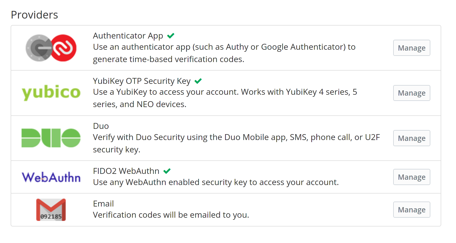 the different 2FA options in vaultwarden - screenshot